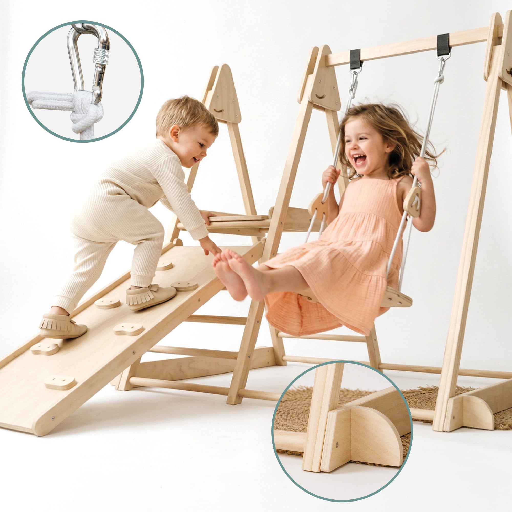 Mamabrum Indoor Spielplatz aus Holz 3in1 mit Rutsche, Kletterwand und Schaukel, klappbares Montessori Bewegungsset aus Buche, 118 x 105 x 119,5 cm, ab 3 Jahren