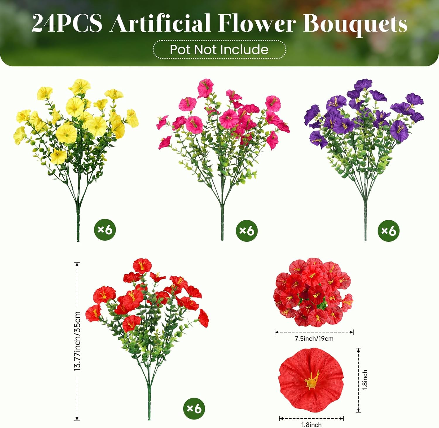 Alupssuc 24 Bundles Artificial Flowers for Outdoors, Faux Spring Flowers for Decoration, UV Resistant Silk Morning Glory with Eucalyptus Realistic Fake Flowers for Yard Planter Porch Garden, 4 Colors