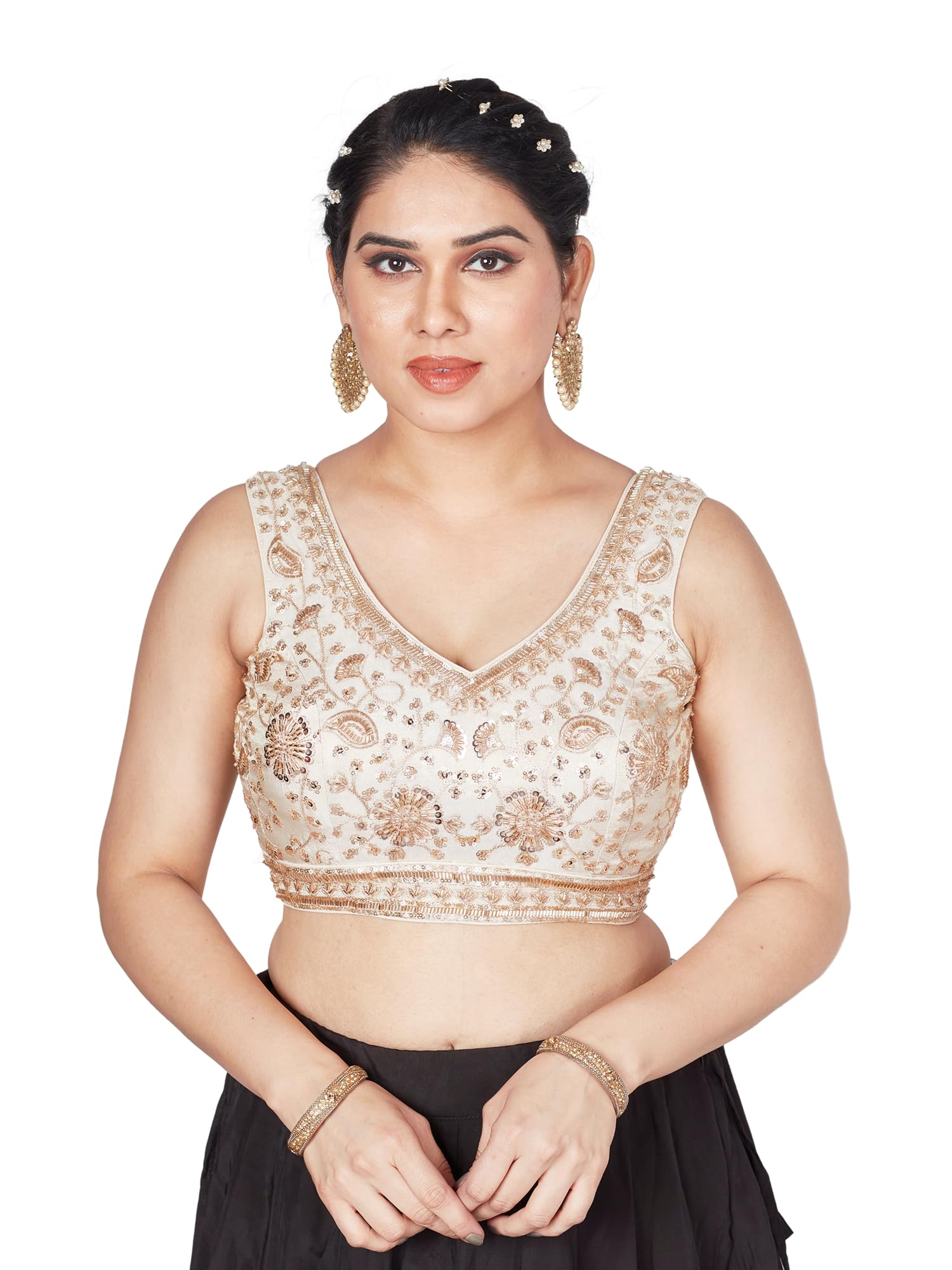 Women's Anmol Designer Embroidered Readymade Blouse | Heavy Zari & Sequin Work | Sleeveless V-Neck | Padded | Deep V Back with Dori | Party, Wedding & Festive Saree Blouse-picture-37