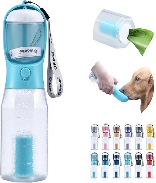 Cibaabo Dog Water Bottle with Food Container & Poop Bag Holder, Travel Water Bowl, Portable Pet Dispenser, Dog Gifts Stuff Accessories Items, Puppy Essentials for Yorkie Chihuahua Walking Hiking
