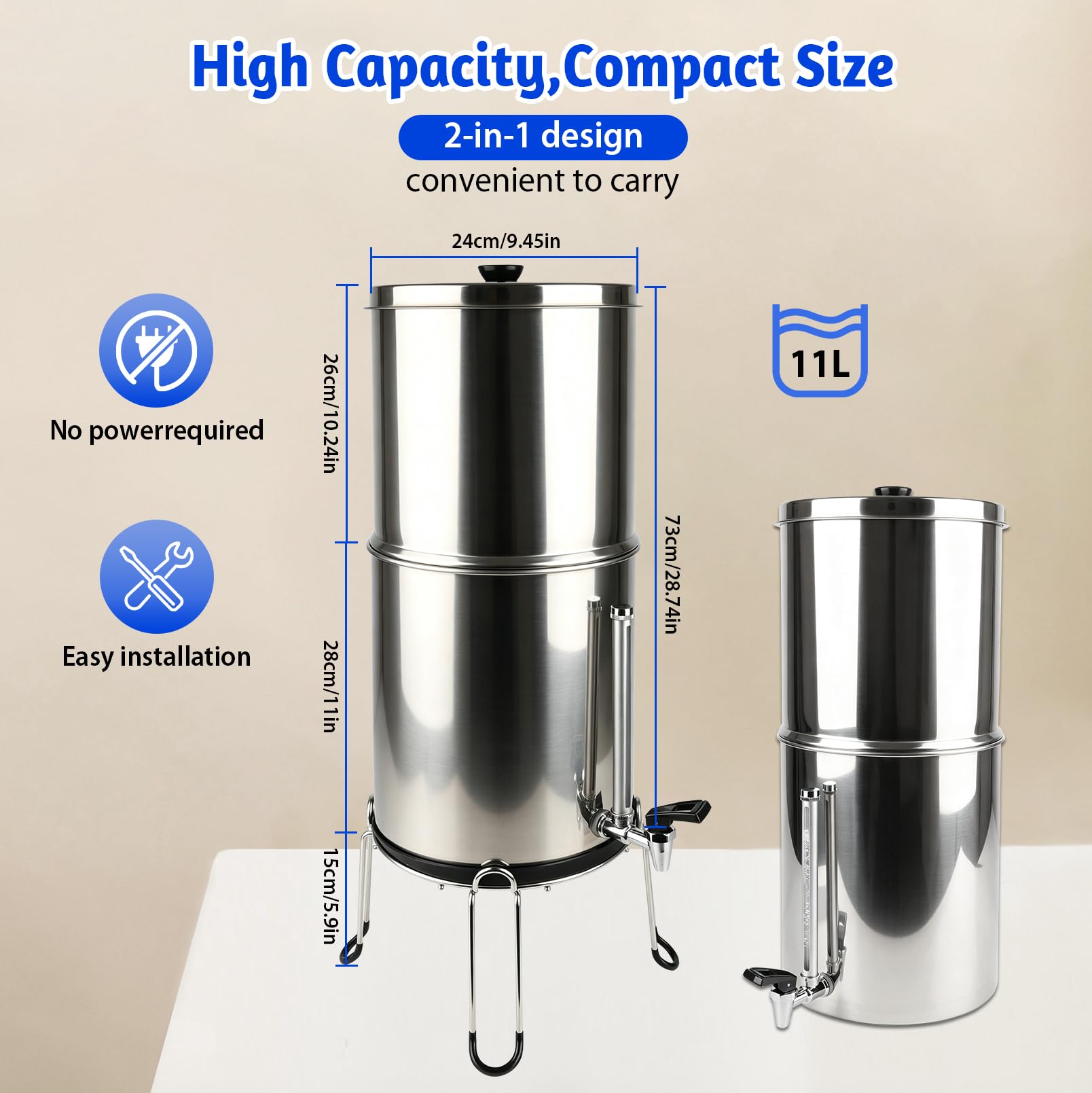 Schwerkraft Wasserfiltersystem 11L Edelstahl, 6-Stufige Wasserfilterung | Tisch Wasserfilter ohne Strom mit 4 Filterelementen, Wasserhahn und Wasserstandsanzeige, Trinkwasserfilter für Camping