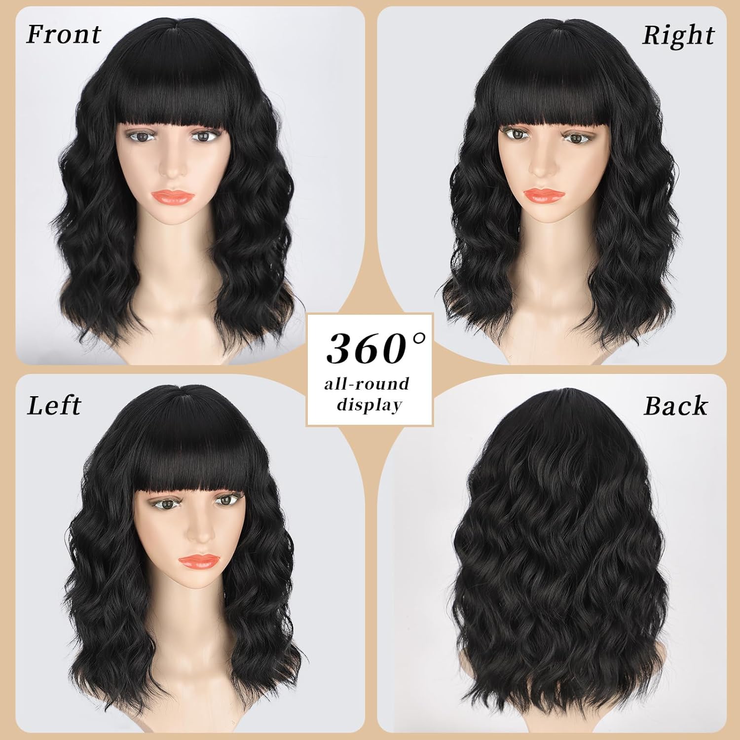 Lativ Black Wigs for Women Short Wavy Curly Bob Wig with Bangs Shoulder Length 14 Inches Synthetic Hair for Daily Party Use - Image 4