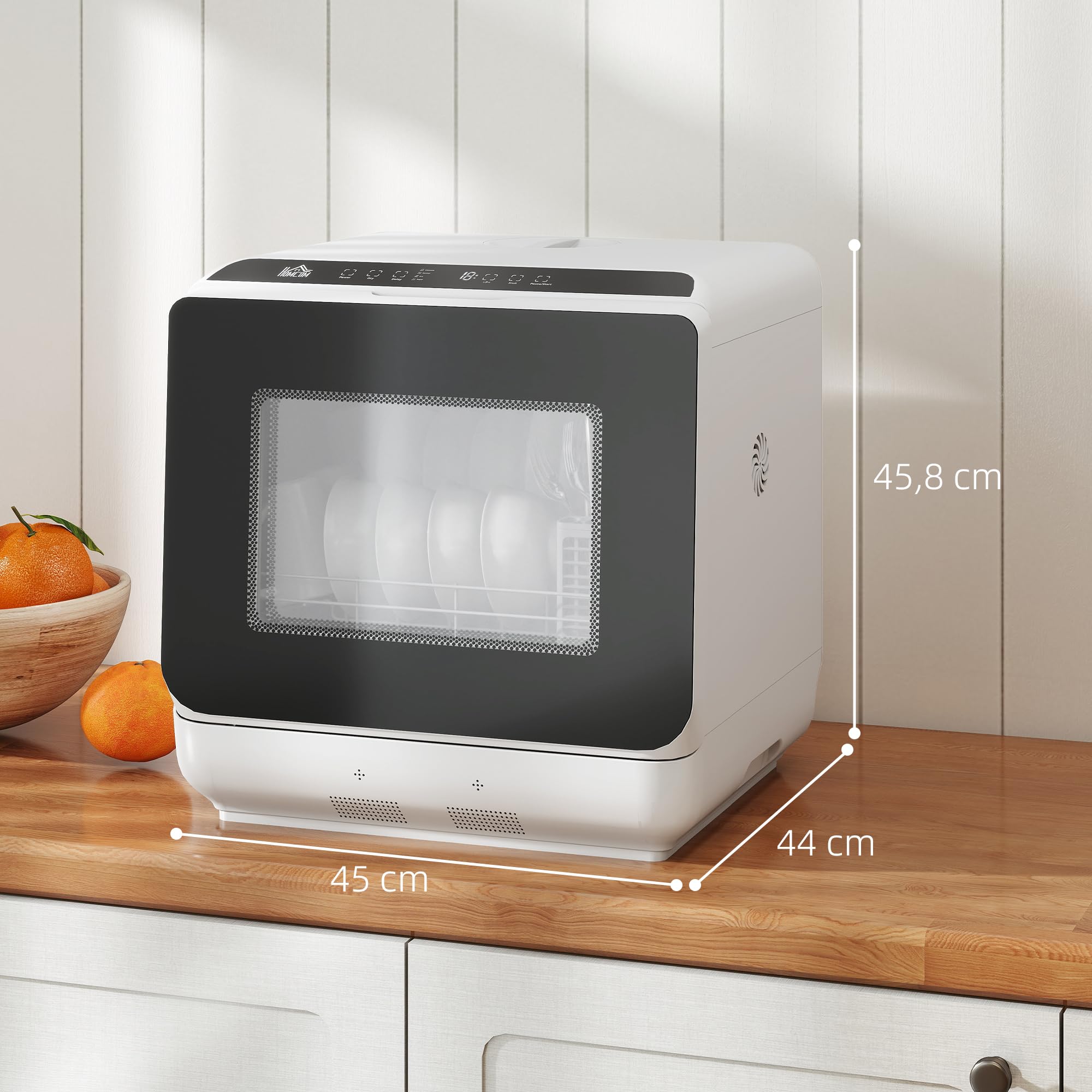 HOMCOM Mini lavastoviglie autoportante, con 4 controsoffitti, 5 programmi, funzione asciutta, serbatoio dell'acqua da 6 l, display a LED, lavastoviglie con/senza attacco per acqua per campeggio
