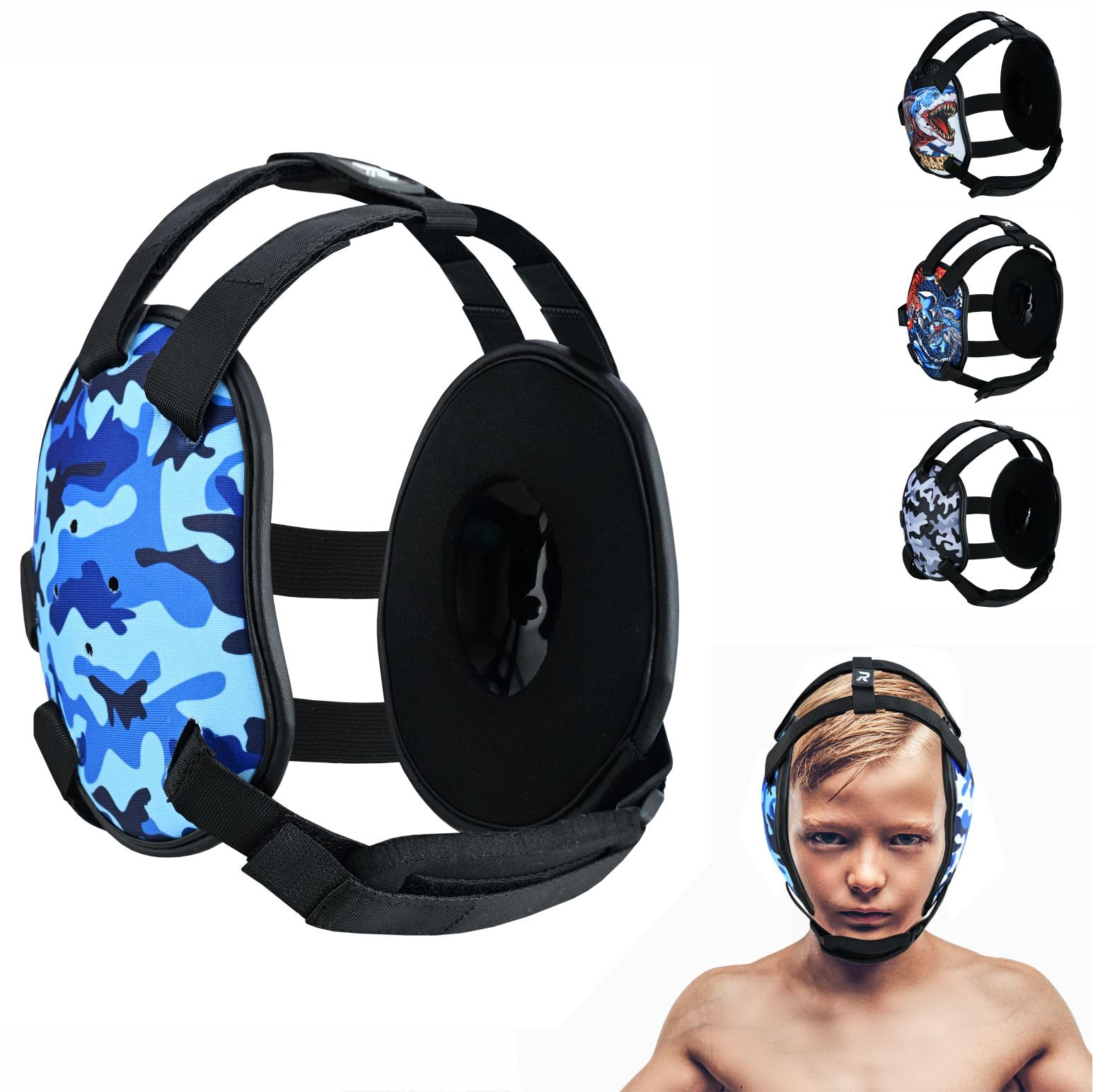 ROAR-INT Kid's Ear Guard BJJ Grappling Head Guard Adjustable Wrestling Headgear For Boys and Girls Earguard MMA Jiu Jitsu (Blue-Camo)