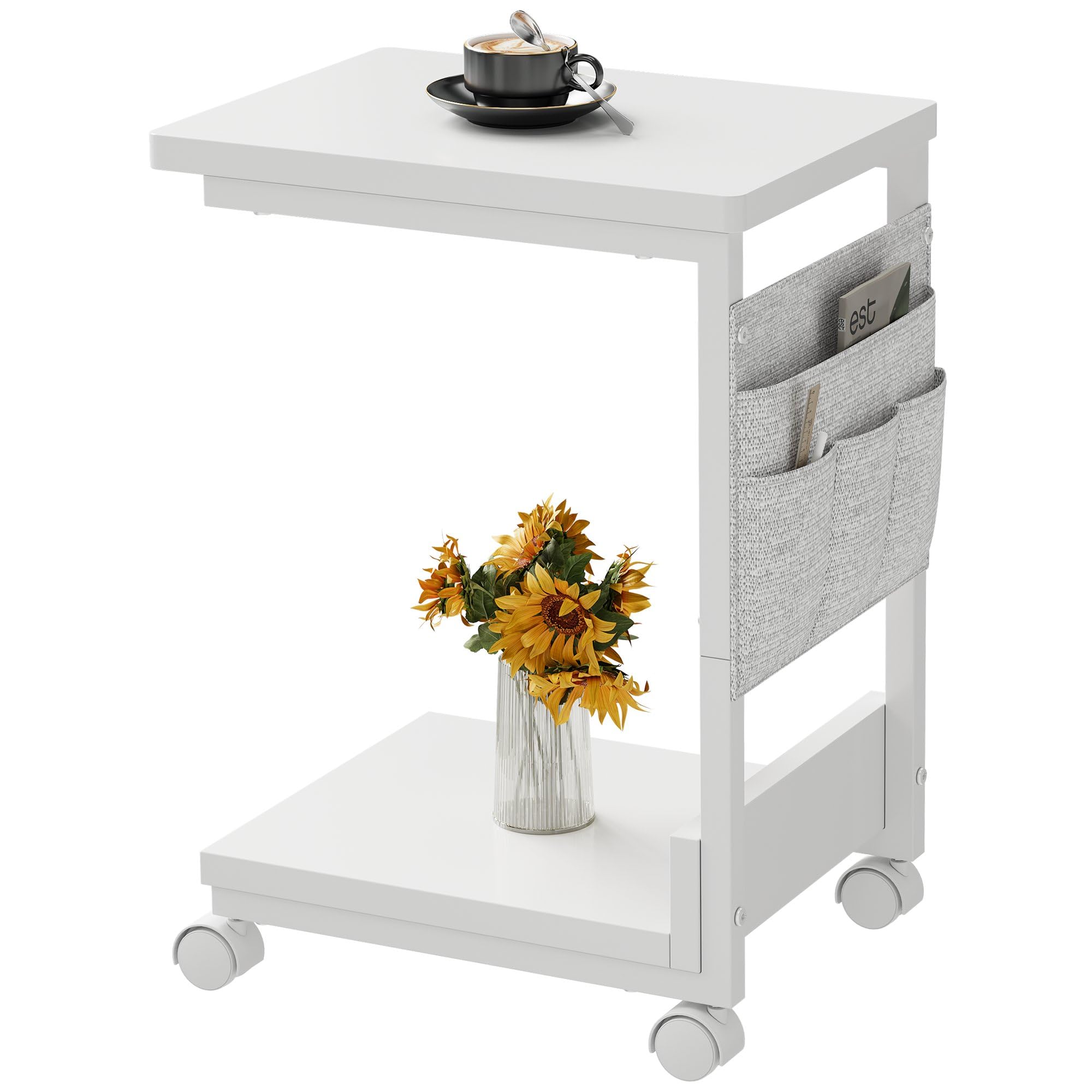 YeTom サイドテーブル キャスター付き サイドテーブル ベッド横 スリム 収納袋付き ソファーテーブル bedside table サイドデスク 幅36.5×奥行26×高さ47.8cm（キャスター約5CM） ホワイト