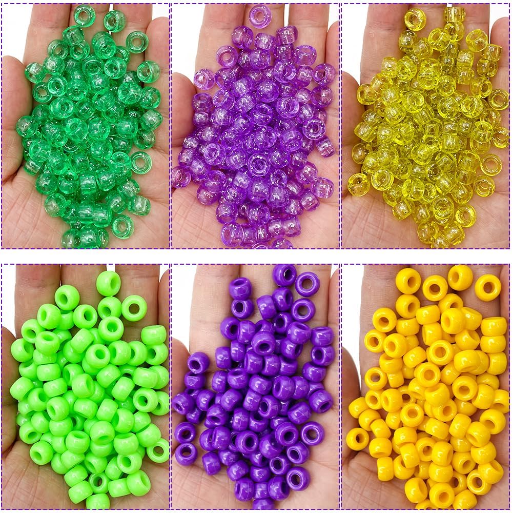 1200 Pcs Carnival Pony Beads Glitter Plastic Beads for Carnival Necklaces Bracelets Earrings Crafts Making, Green Purple Yellow, 6 * 9mm - Image 3