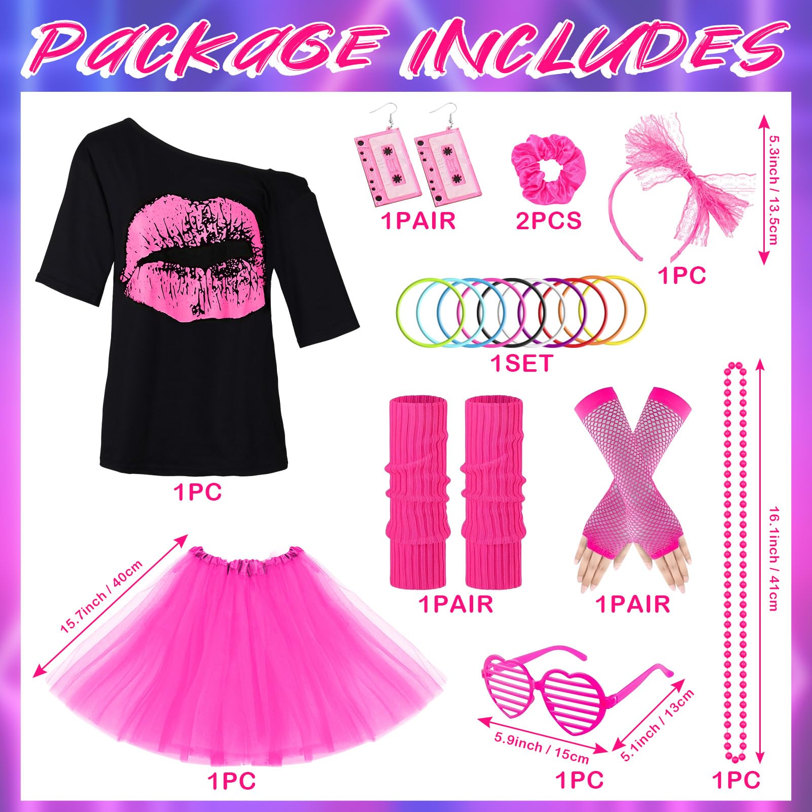 Suffolly 80s Fancy Dress for Women with 80s Accessories for Women 10PCS Neon Clothes Include T-Shirt Skirt Gloves Leg Warmers Necklaces Headband Earrings Bracelets glasses hair rings (Set B - Image 3