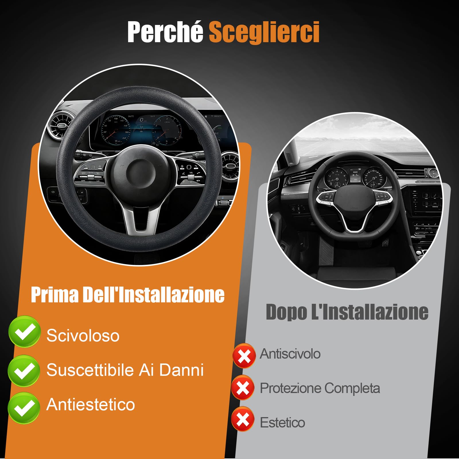 Coprivolante Auto Universale in Silicone Antiscivolo 33-42 cm, Housse Protettiva Elegante e Facile da Pulire, Accessorio per Auto, SUV e Camion – Nero