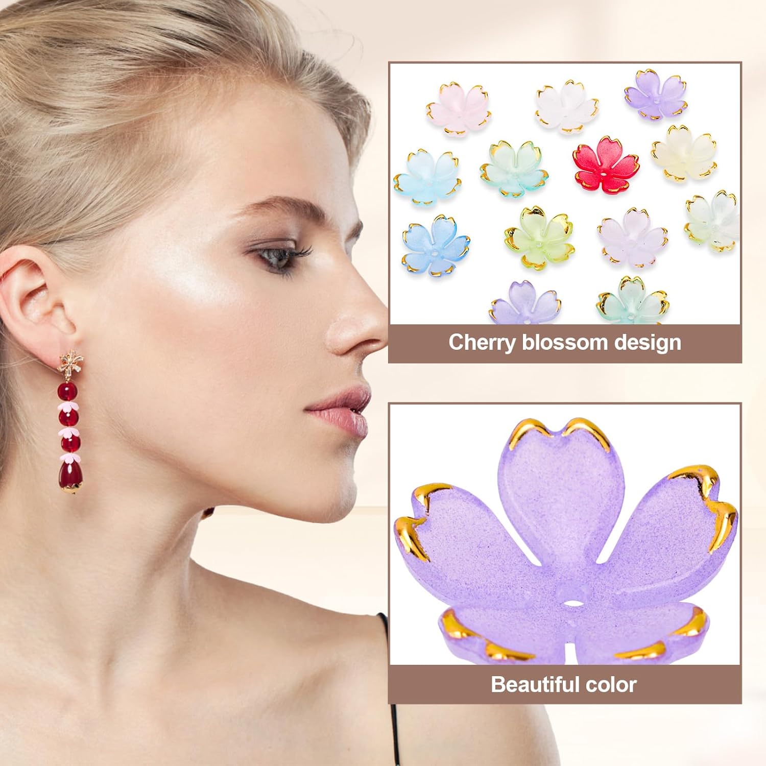 100pcs Cherry Blossom Beads, 5-Petal Acrylic Flower Beads with Gold-Plated Edge Floral Spacer Charms for Jewelry Making Earrings Bracelets Necklaces (Mixed Colors) - Image 4