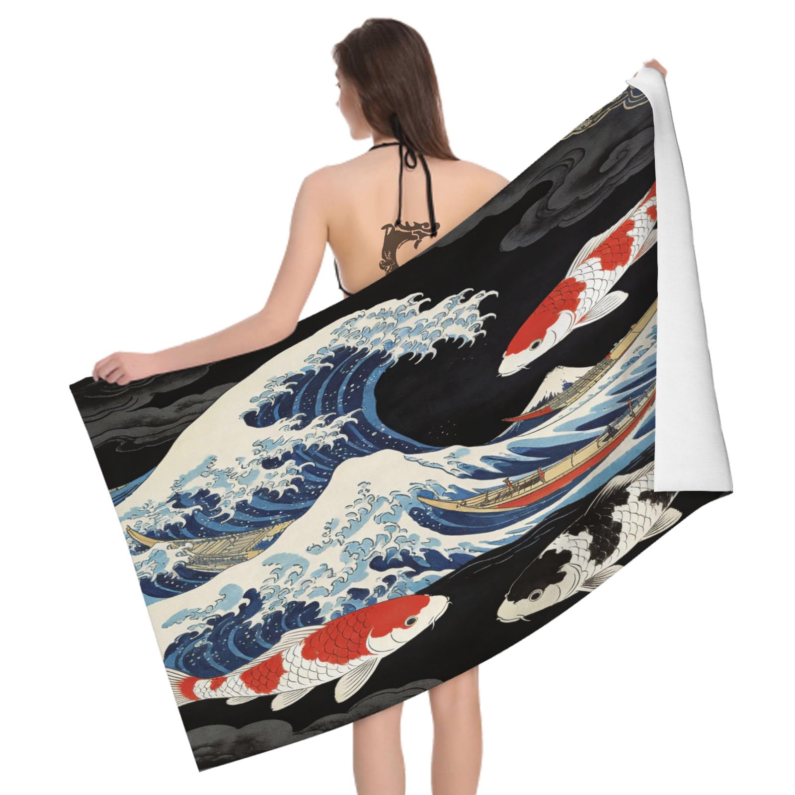 Leichong 3D Koi Carp Beach Towel Microfiber Soft Quick Dry for Adults, Cartoon Bath Towel Lightweight Soft Absorbent for Travel Swimming Pool Sports, 75 x 150 cm