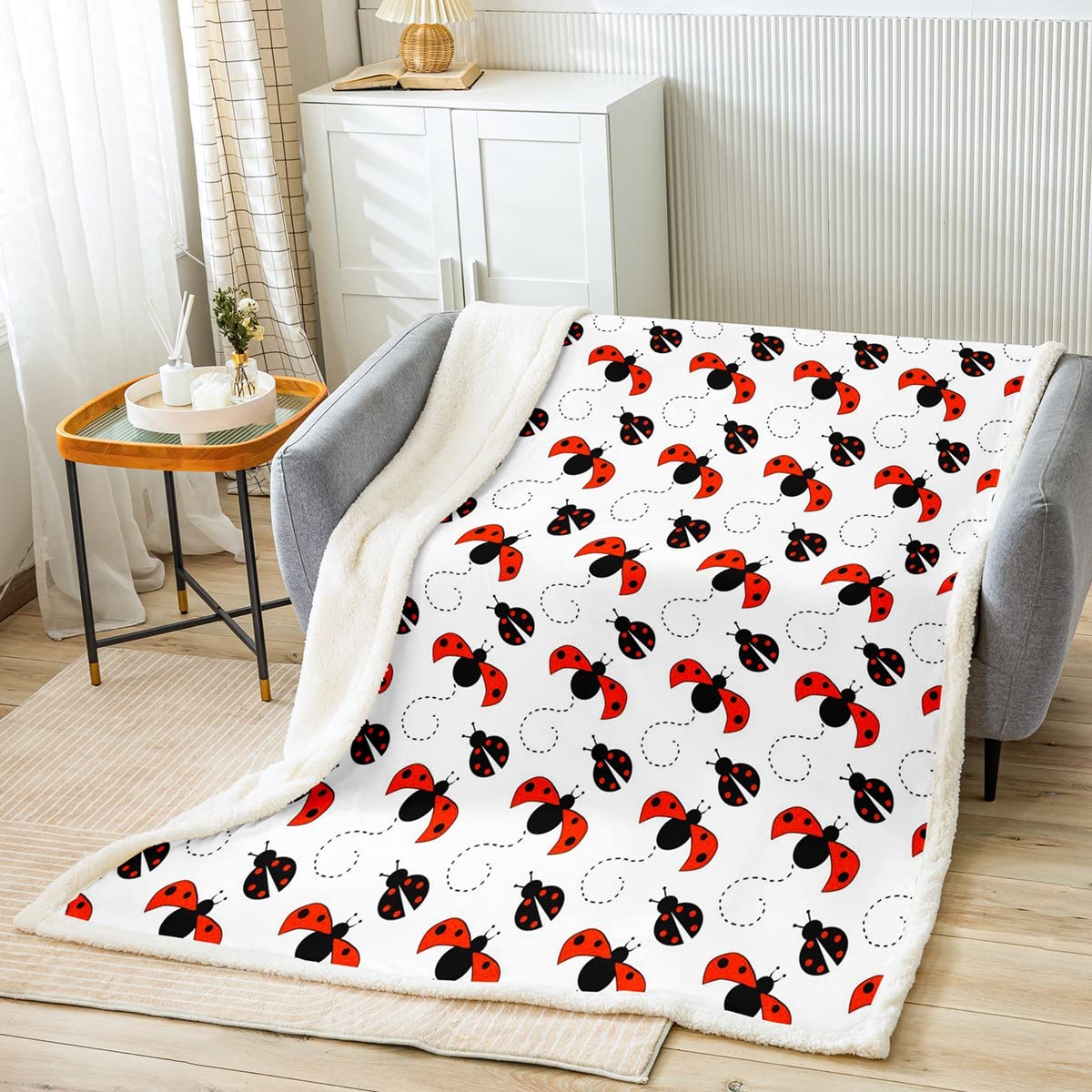 Coperta in pile Sherpa, motivo coccinelle e coccinelle, per bambini e donne, lussuosa, geometrica, pelosa, per divano e letto, king size, 220 x 239 cm