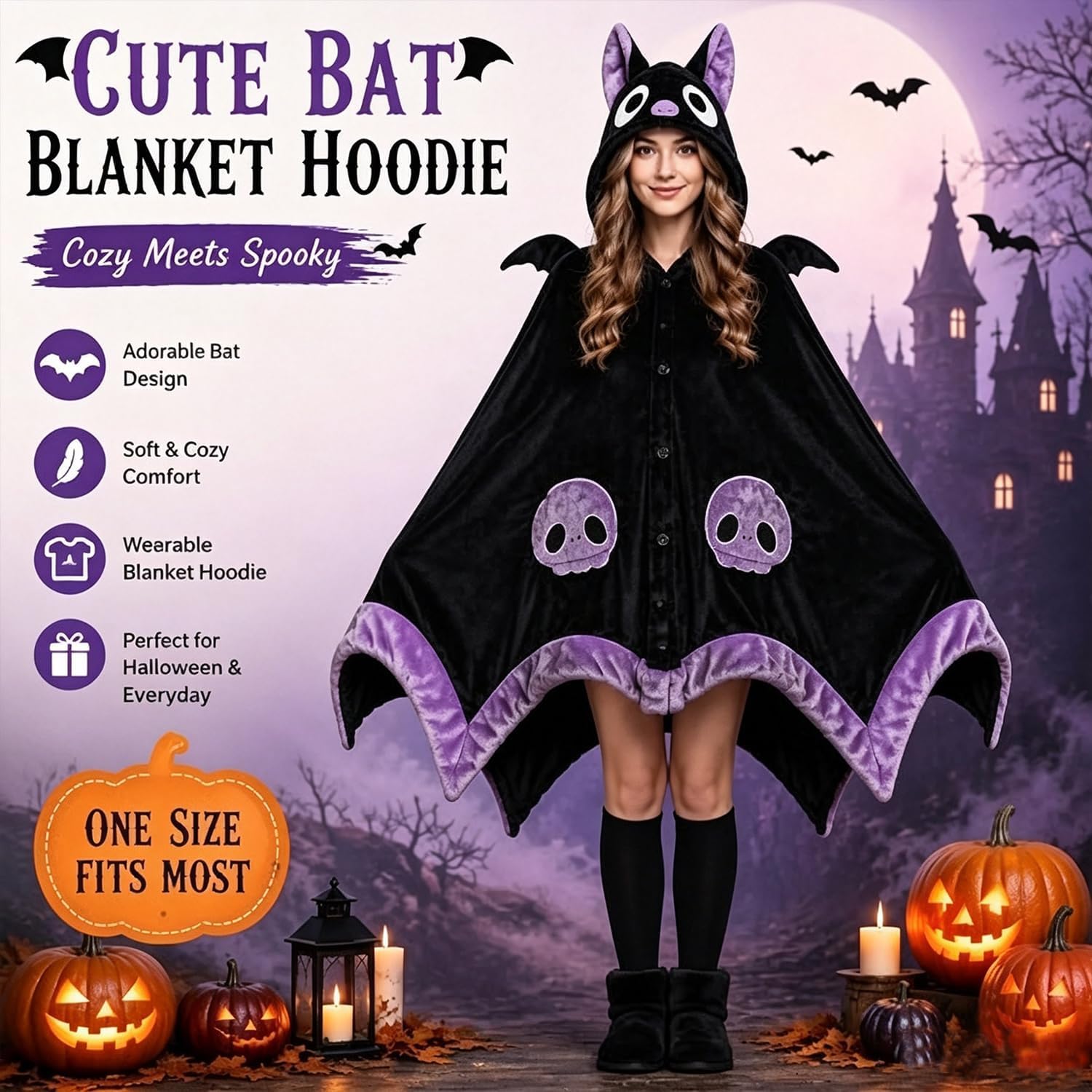 Adorabile felpa con cappuccio a forma di pipistrello per Halloween, con orecchie e ali in 3D
