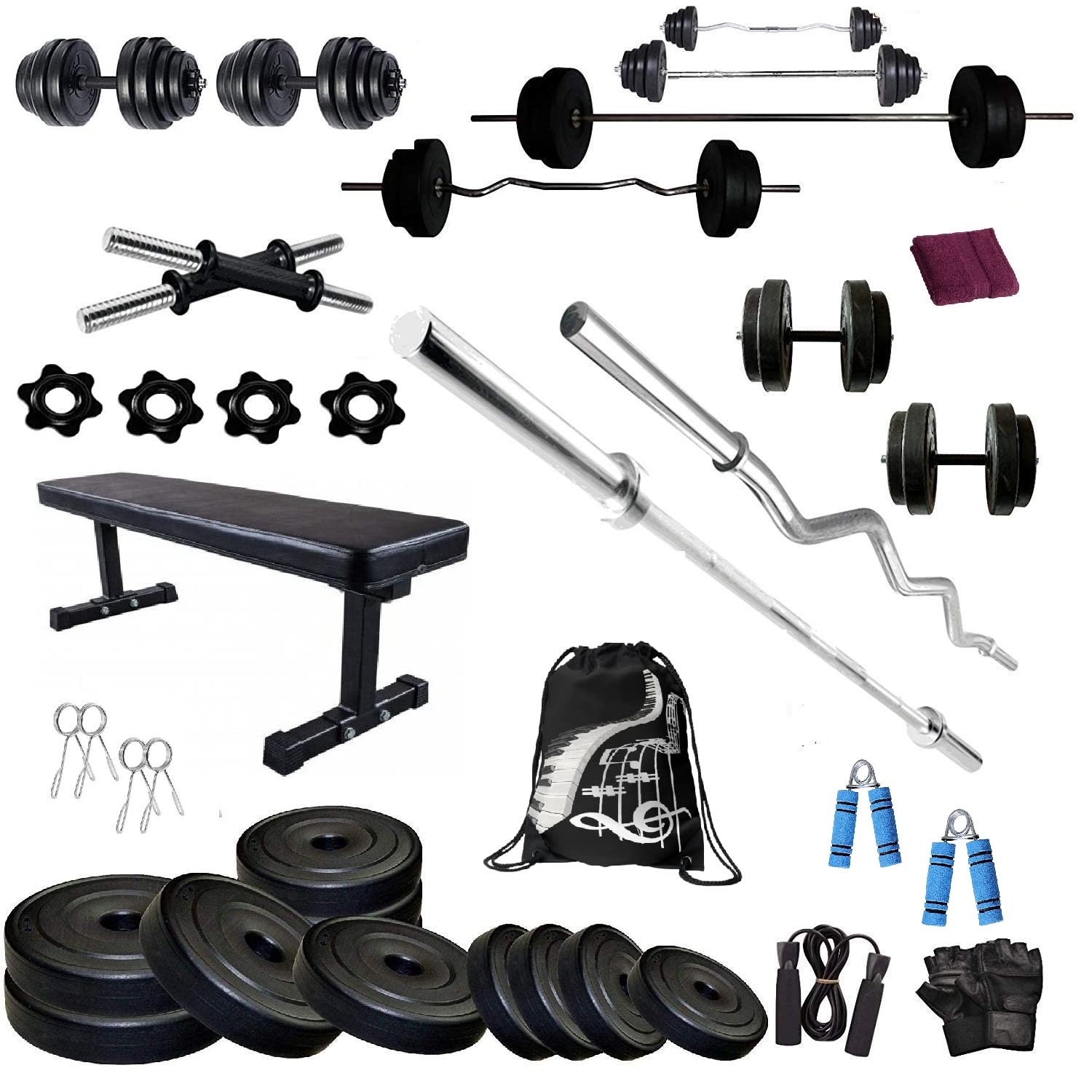 BODYFIT Home Gym Set Combo Kit, Gym Strength Training, (16-100 Kg), 3Ft Curl, 5Ft Plain Rod, Flat Bench-Black, 2X14'' Dumbbell Rods Weight Plates, Fitness Exercise Set.