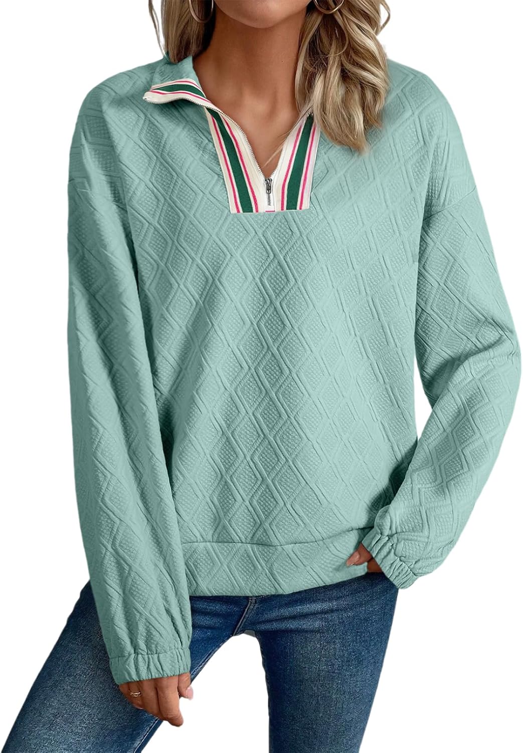 SHEWIN Womens Casual Textured Sweatshirt Colorblock Striped Collar Quarter Zip Long Sleeve Pullover Tops