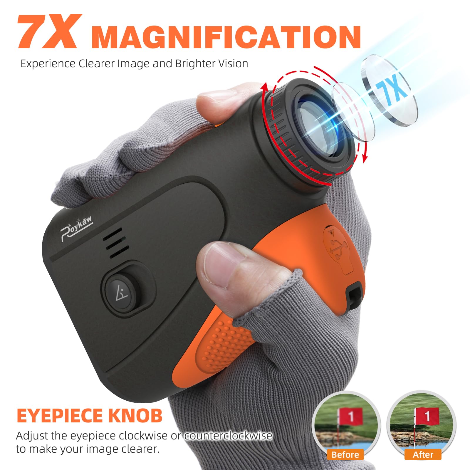 Roykaw Télémètre de golf avec pente, annonce vocale, télémètre laser de 1 200 mètres, vibration de verrouillage de mât, grossissement 7x, vue HD, avec aimant, facile et pratique