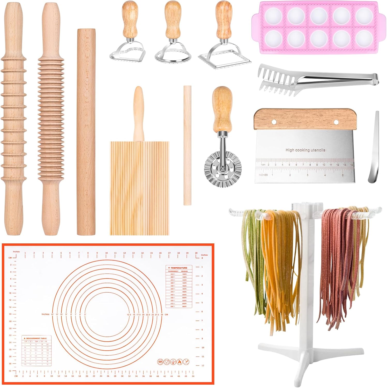 Pasta Making Tools, 15 PCS Pasta Making Kit with Pasta Drying Rack, Rolling Pins for Baking, Dough Cutter, Pasta Roller, Gnocchi Board, Dough Mat, Ravioli Pasta Cutter Set for Pasta Maker. (15)