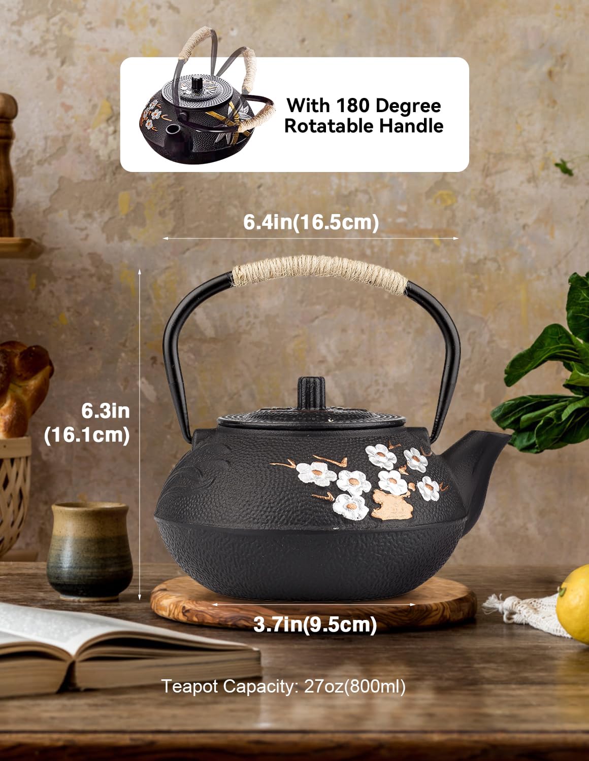 Tetera japonesa de hierro fundido con infusor, tetera de hierro fundido con flor de ciruelo para estufa, revestimiento seguro con interior esmaltado, 27 onzas/800 ml