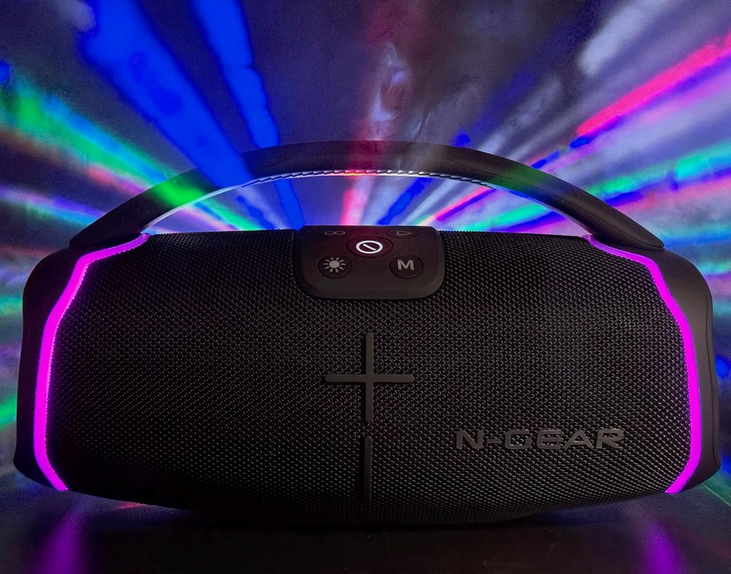 N-Gear NRG 200 Bluetooth Lautsprecher mit Licht und Tragegriff, 200 Watt Musikbox Bluetooth Kabellos, USB oder AUX verbinden mit 2 Handy, bis zu 8 Stunden Musik, Bluetooth Box Outdoor IPX5 wasserdicht