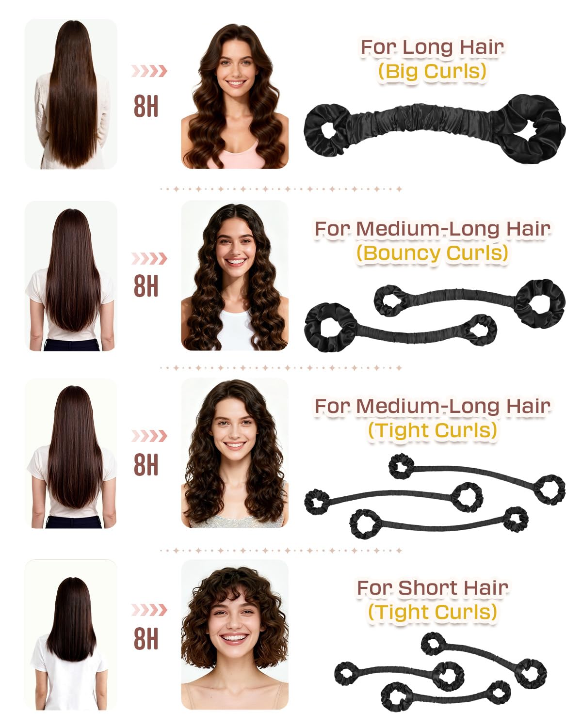 BONNET QUEEN Bigodini Morbidi per Dormire Satin Bigodino Lungo per Boccoli Arricciacapelli Senza Calore Hair Curler Heatless Curls con Scrunchie, Grandi, 1PZ, Nero