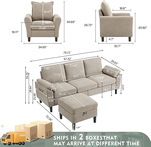 Miniatura 2 de Juego de sofá seccional convertible de 79 pulgadas, moderno sofá pequeño en forma de L de lino con otomana reversible y silla de acento, sofás de 3
