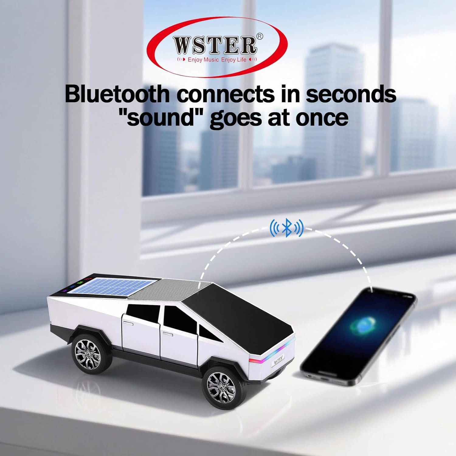 WS-699 Solar Bluetooth Replica Speaker – Future Pickup Truck Design, HD Sound, TWS Stereo Pairing, FM Radio, LED Party Light, USB/TF Playback, Hands-Free Mic, Type-C Charging, Portable Gift (Silver)