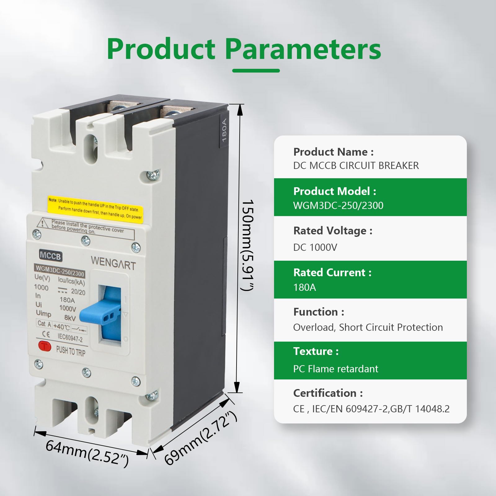 Wengart Disyuntor de Caja Moldeada (MCCB) CC 180A 1000V, 2 Polos, Interruptor Magnetotérmico de Alta Potencia para Almacenamiento de Baterías, Centros de Datos y Equipos de Comunicación