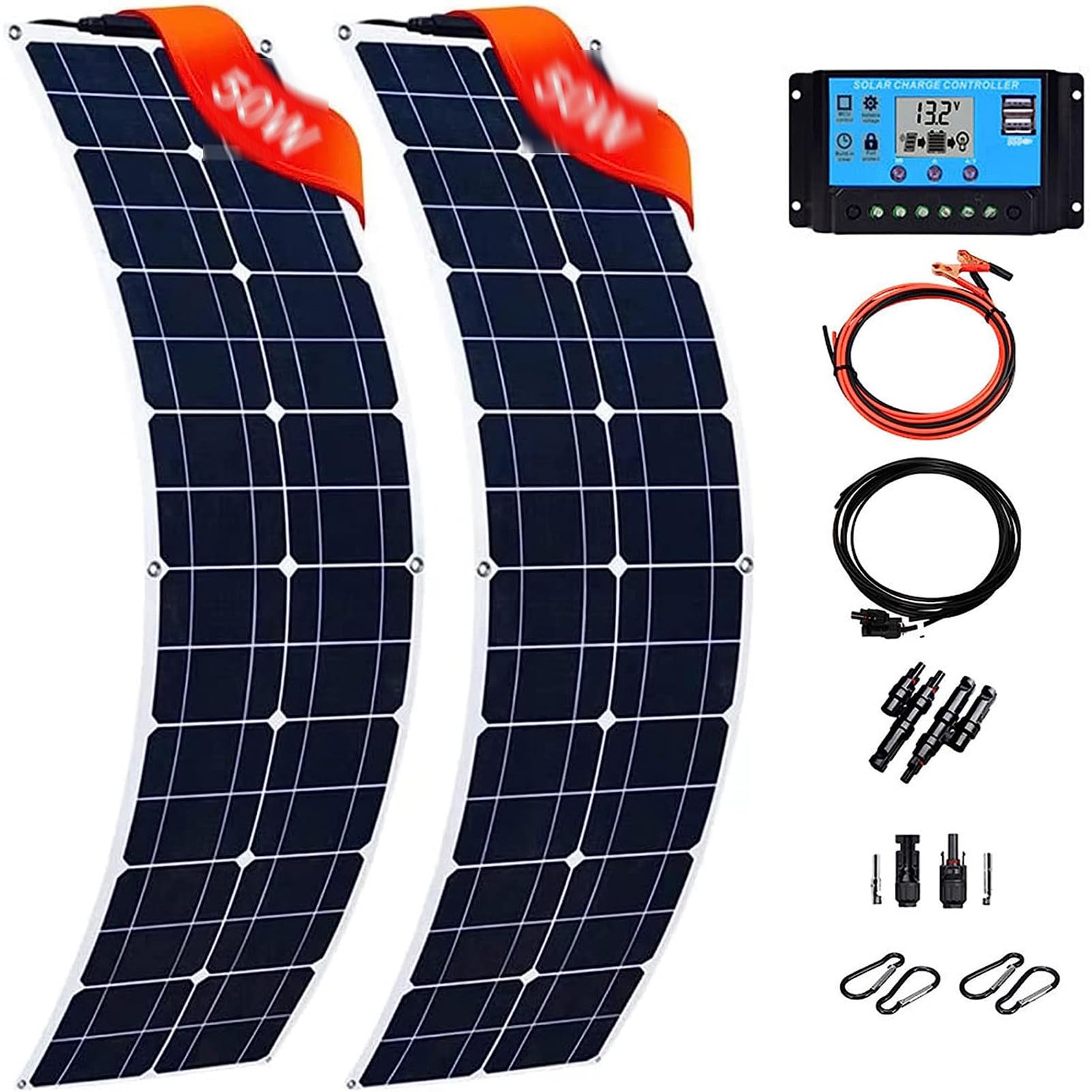 Kit Pannello Solare, Pannello Solare Flessibile da 200 Watt 12V 400W 200W Pannello Monocristallino Sistema Solare Solare Leggero per Camper Barca Camper Casa,2x200W