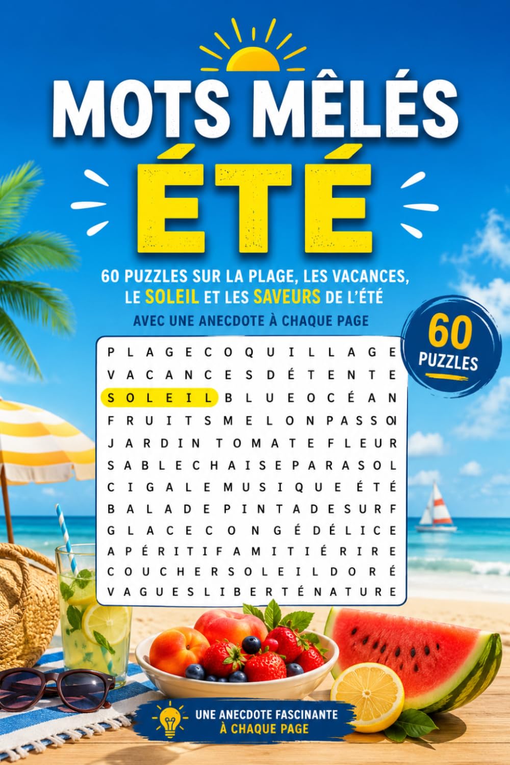 Mots Mêlés Été: 60 Puzzles sur la Plage, les Vacances, le Soleil et les Saveurs de l'Été, avec une Anecdote à Chaque Page