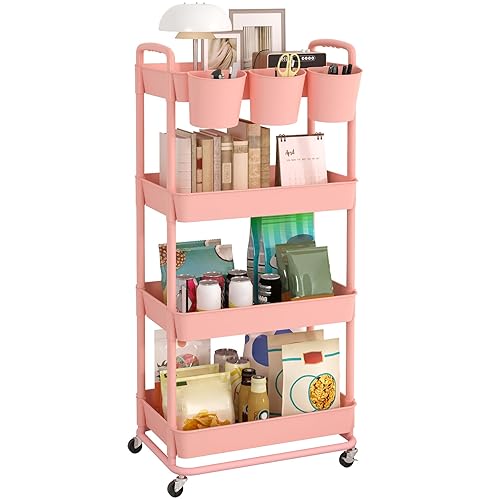 JIUYOTREE 4-Tier Plastic Rolling Storage Cart Utility Cart with Extra Hanging Cups Handles Lockable Wheels for Living Room Bathroom Kitchen Office Pink - Pink - 4-Tier