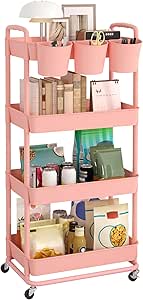 JIUYOTREE 4-Tier Plastic Rolling Storage Cart Utility Cart with Extra Hanging Cups Handles Lockable Wheels for Living Room Bathroom Kitchen Office White main image 0