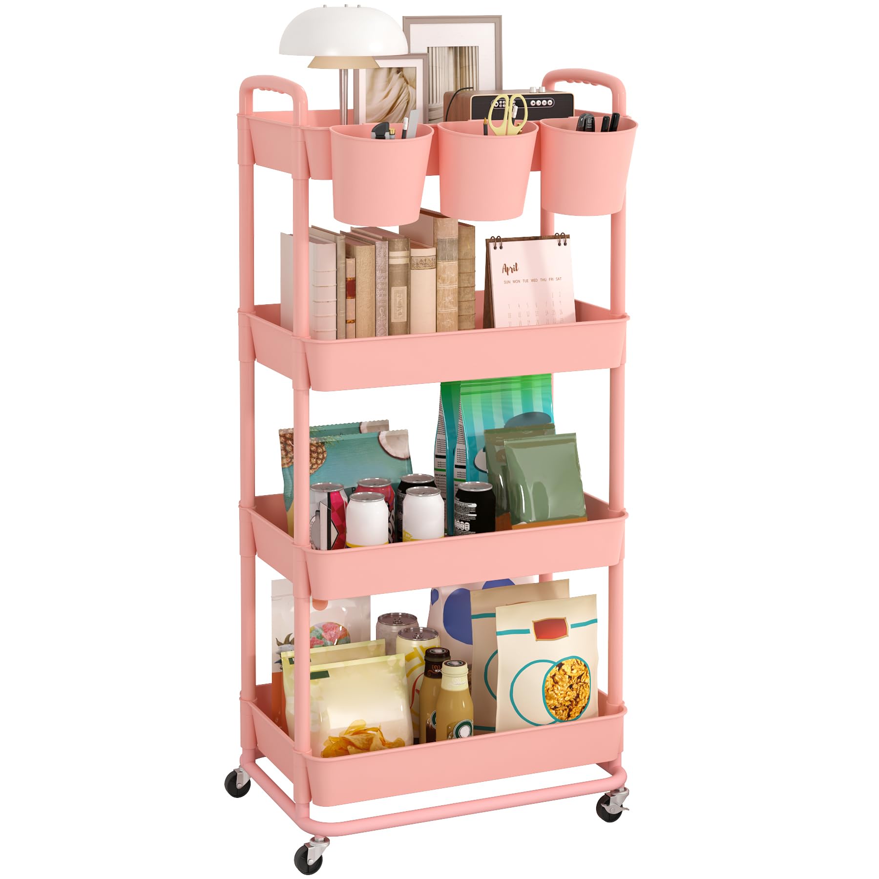 JIUYOTREE 4-Tier Plastic Rolling Storage Cart Utility Cart with Extra Hanging Cups Handles Lockable Wheels for Living Room Bathroom Kitchen Office Pink