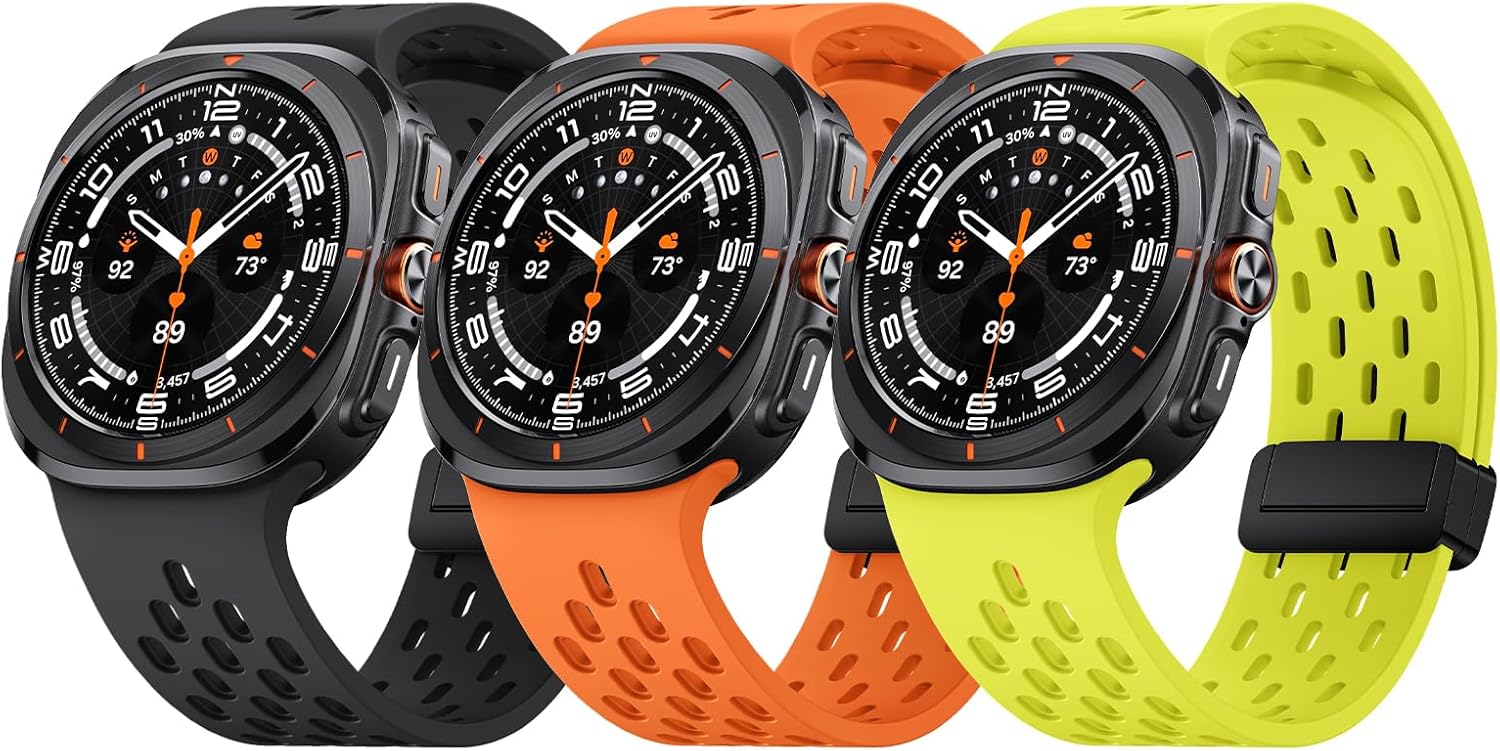 ANCOOL Compatible with Samsung Galaxy Watch Ultra Band 47mm, Silicone Magnetic Breathable Band for Samsung Galaxy Watch Ultra Bands Men Women, Black+Orange+Fluorescent yellow