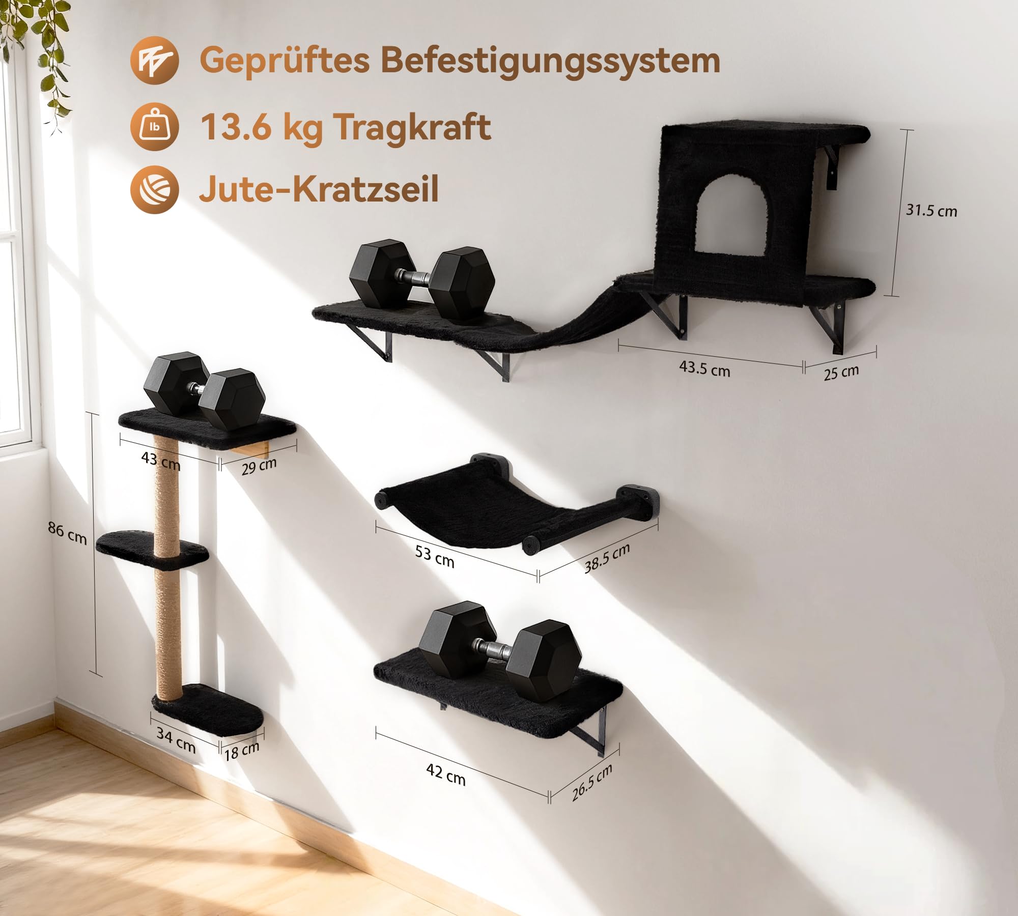 4-teiliges Katzen Wandmöbel Set, Hängematte mit Kratzsäule | Katzen Wandmöbel, mit Hängematte, Katzenbrücke, Liegefläche und Sisal Kratzsäule, stabile Wandmontage, belastbar 13,6kg