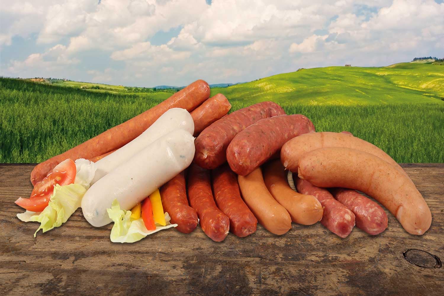 Landmetzgerei Schiessl's » Würstl Probierpaket « 1070g | Im Set: Wiener, Käsekrainer, Knacker, Weißwürste, Feuerli, Debreziner und Bauernseufzer | Eigene Schlachtung | Hausgemacht in Bayern
