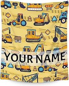 Personalized Construction Truck Blanket Gifts with Name - 40x50 Inches Funny Throw Blanket for Boys & Kids - Yellow Soft Fuzzy Excavator Blankets for Bed, Couch & Living Room