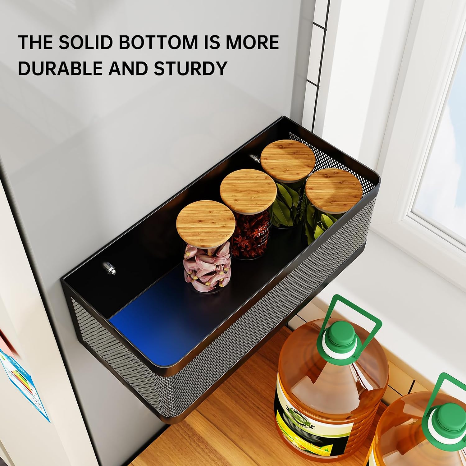 Heavy Duty Spice Rack Wall Mount - 2-Tier Metal Hanging Storage Baskets with Adhesive & Screw Options, Space Saving Spice Organizer for Kitchen, Pantry, Bathroom (2 Pack, Black)