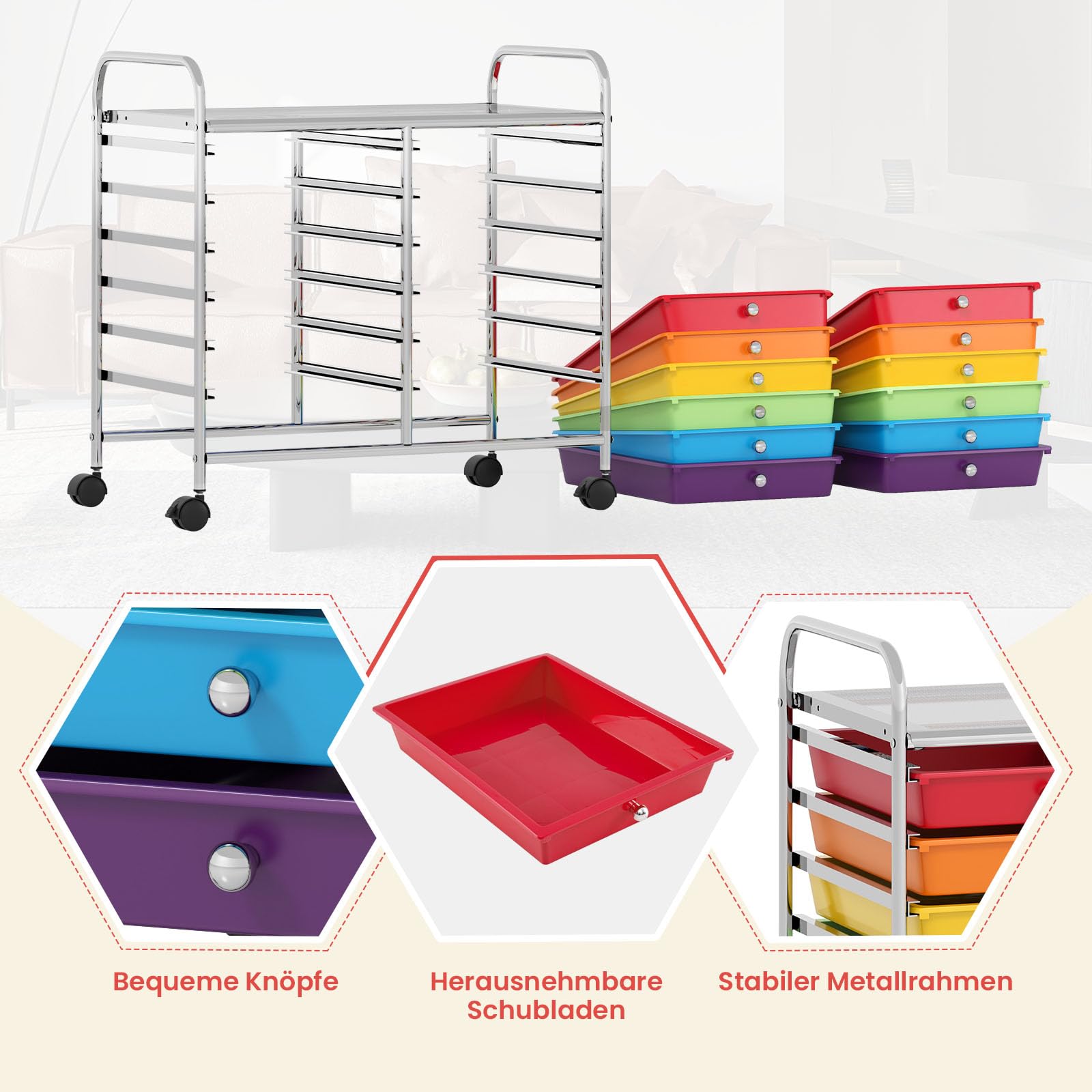 COSTWAY Rollwagen mit 12 stapelbaren Schubladen, Schubladenwagen (Bunt)