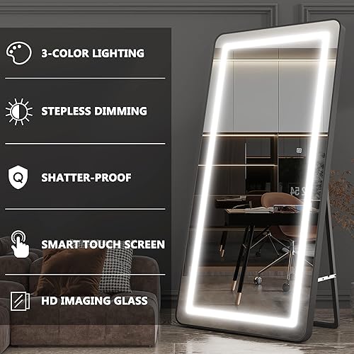 Miniatura 4 de VIEROSE Espejo grande de longitud completa de 63 x 30 pulgadas con luces y soporte para montaje en pared y suelo espejo de vestidor con luz LED