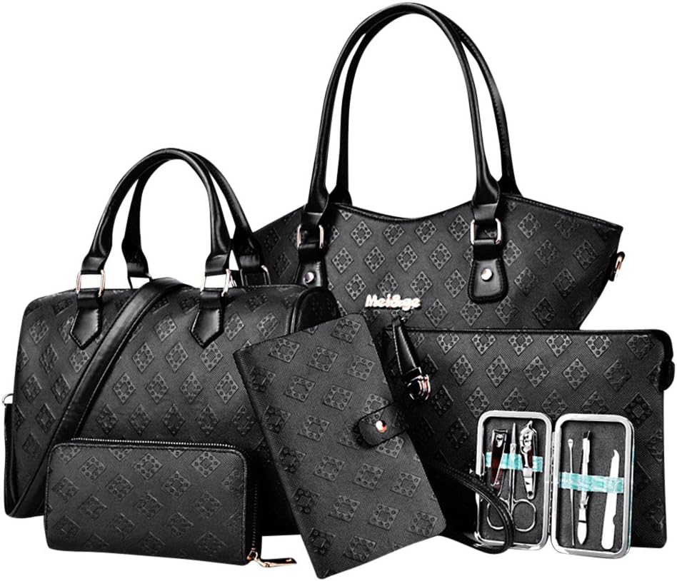 Women Multi-purpose Classic Design 6 Piece Tote Bag Pu Leather Handbag Purse Bags Set Shoulder Handbag Black