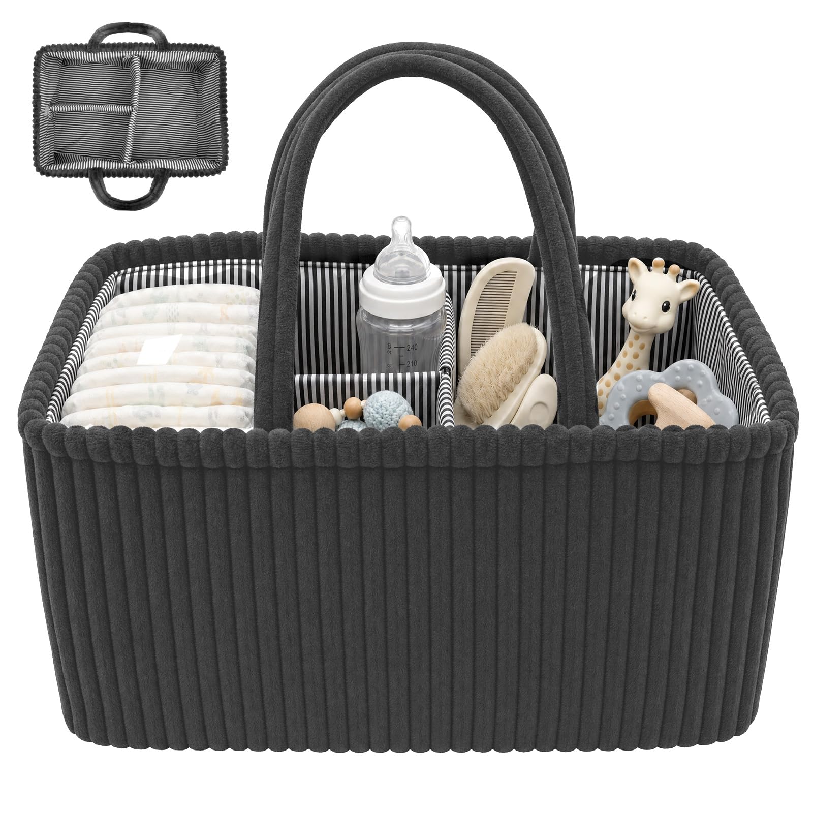 shaojian Baby Nappy Caddy Organiser for Changing, Corduroy Nursery Diaper Storage Basket with Handle, Newborn Essentials Baby Shower Gifts, Nappy Caddy Storage Basket for Boys Girls (grey)