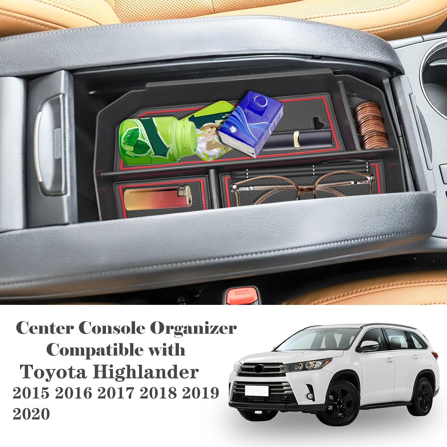 ABS Armrest Center Console Organizer Compatible with Toyota Highlander 2015-2017 Accessories Center Console Organizer Embedded Storage Armrest Box Fit for Highlander (Red