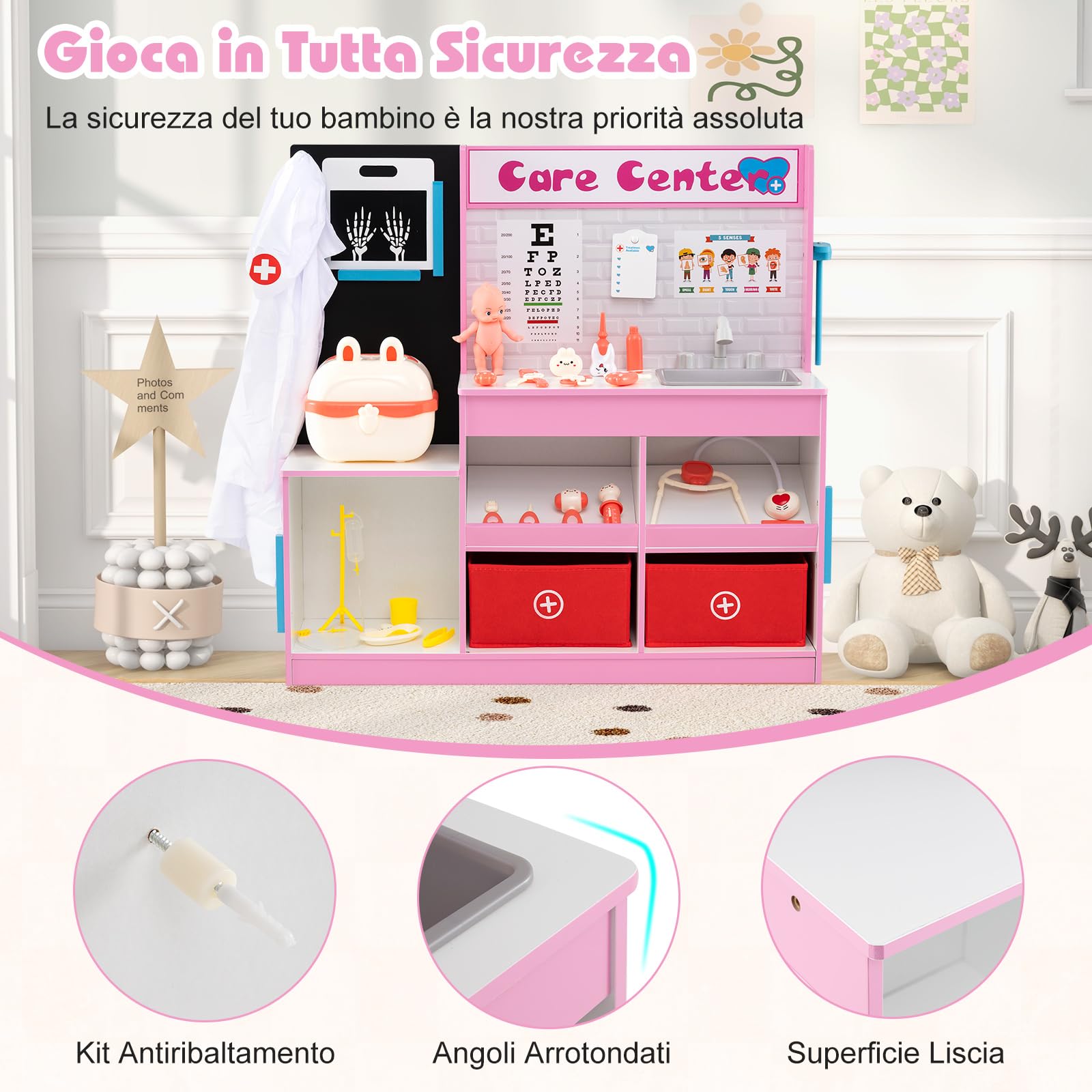 COSTWAY Set Gioco Dottore per Bambini, Gioco di Ruolo Medico in Legno con Stetoscopio, Radiografie, Monitor ECG, Tabella Oculistica e 29 Accessori, Medico Giocattolo per Bambini 3+ Anni (Rosa)