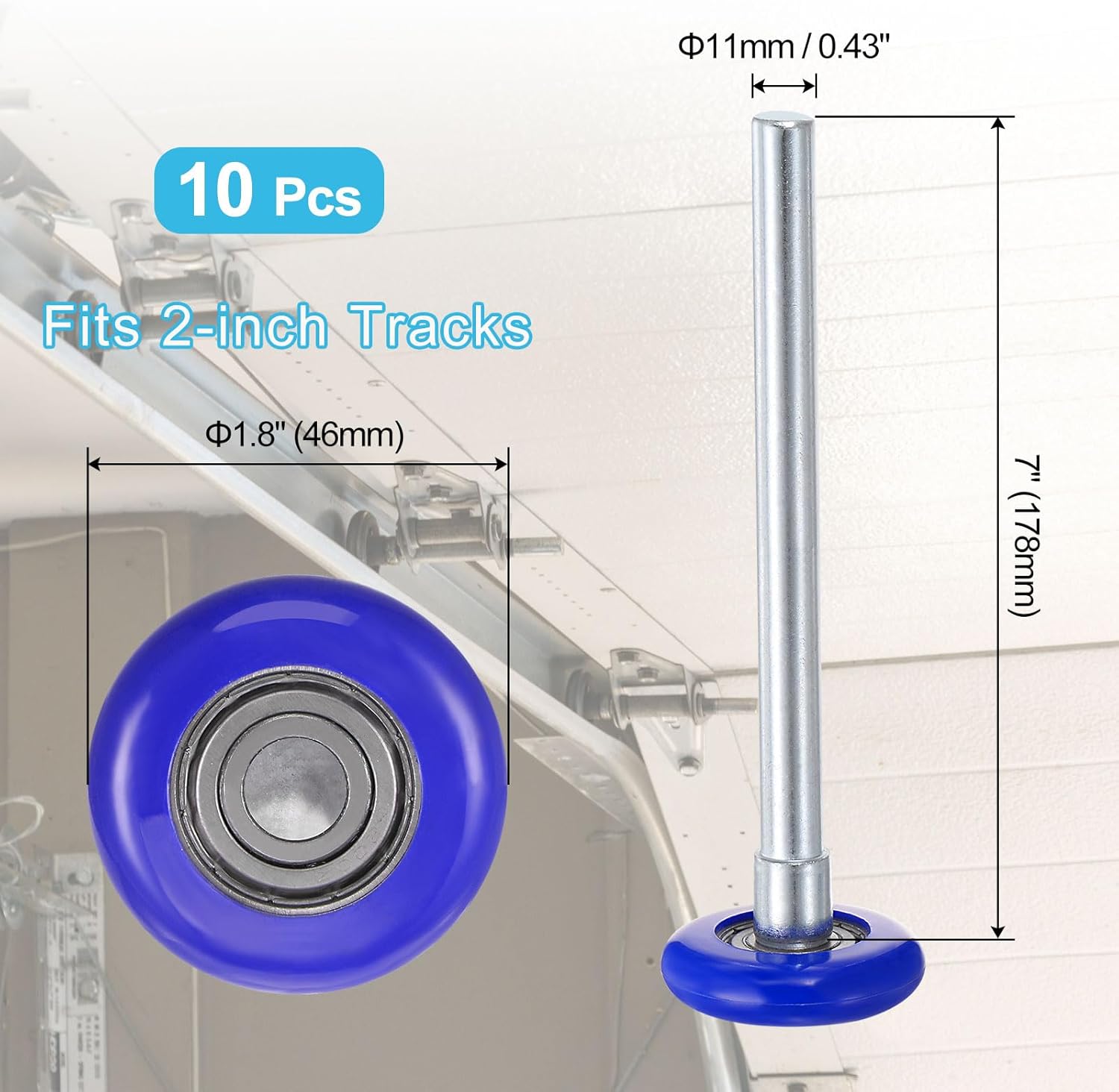 uxcell 10pcs 1.8" Nylon Garage Door Rollers for 2" Garage Track, 7" Long Stem Quiet Garage Door Wheels, 6200zz Precision Bearing 8 Balls, Blue