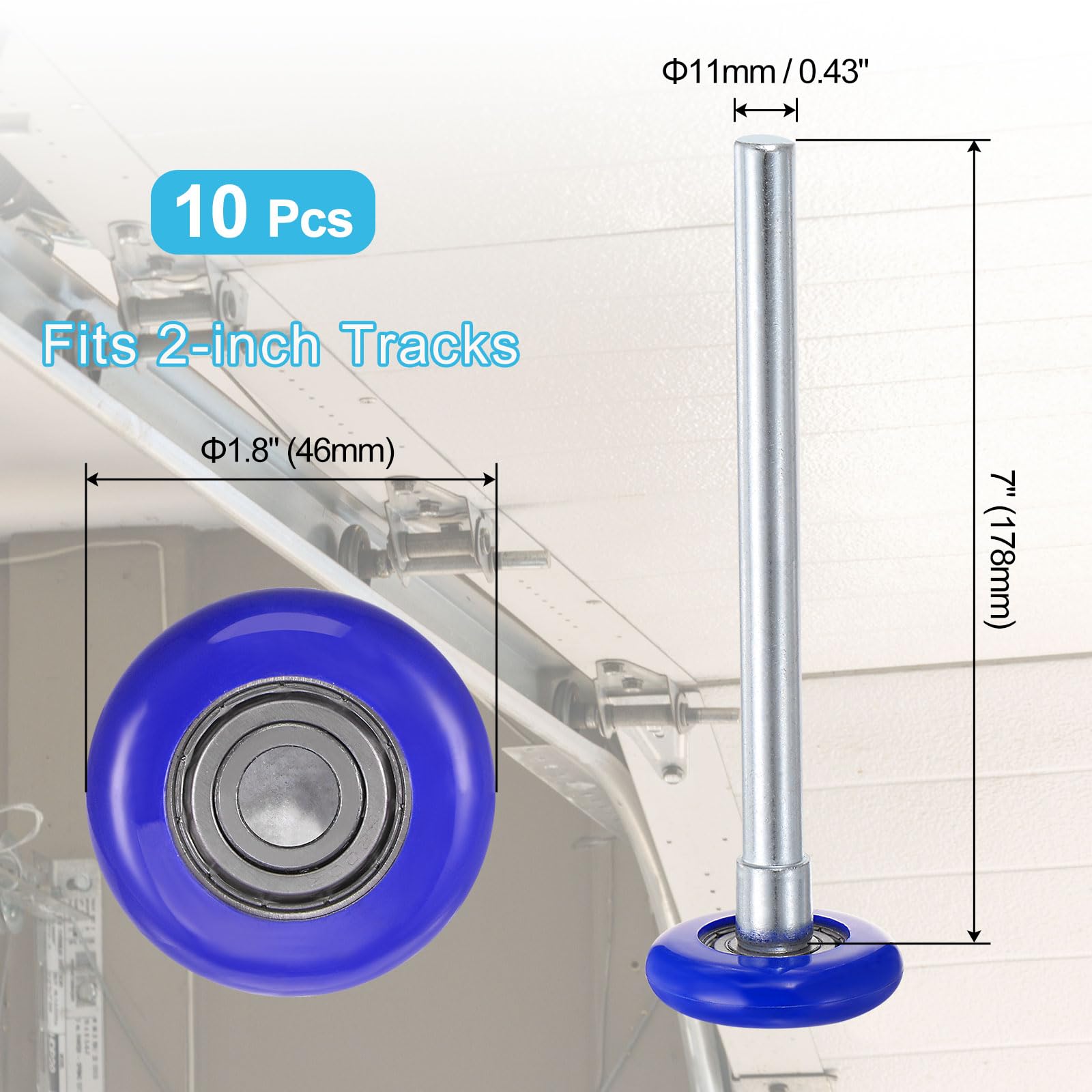 QUARKZMAN 10 Uds 1.8" Rodillos de Puerta de Garaje de Nylon Para 2" Riel de Garaje, 7" Vástago Largo Y Ruedas Silenciosas Rodamiento de Precisión 6200Zz Con 8 Bolas, Azul