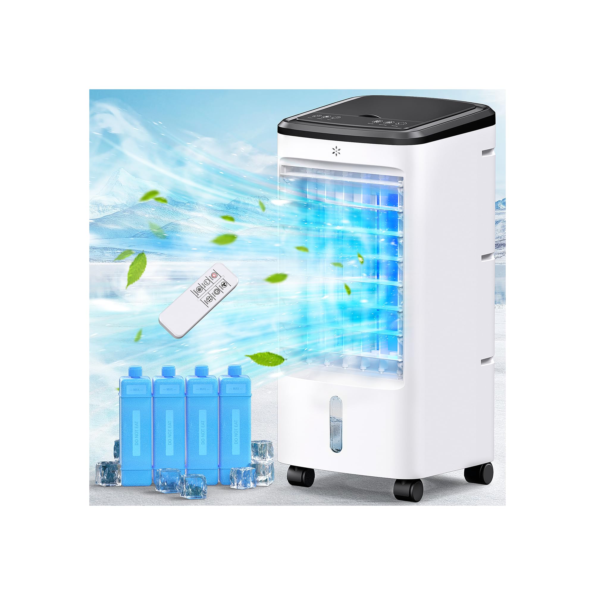 Windowless Air Conditioners, 4 In 1 Portable Swamp Cooler with 2 Water Tanks, Evaporative Air Cooler with 4 Ice Packs, 12H Timer, 3 Speeds 4 Modes, Remote, Cooling Fan for Bedroom, Home, Office