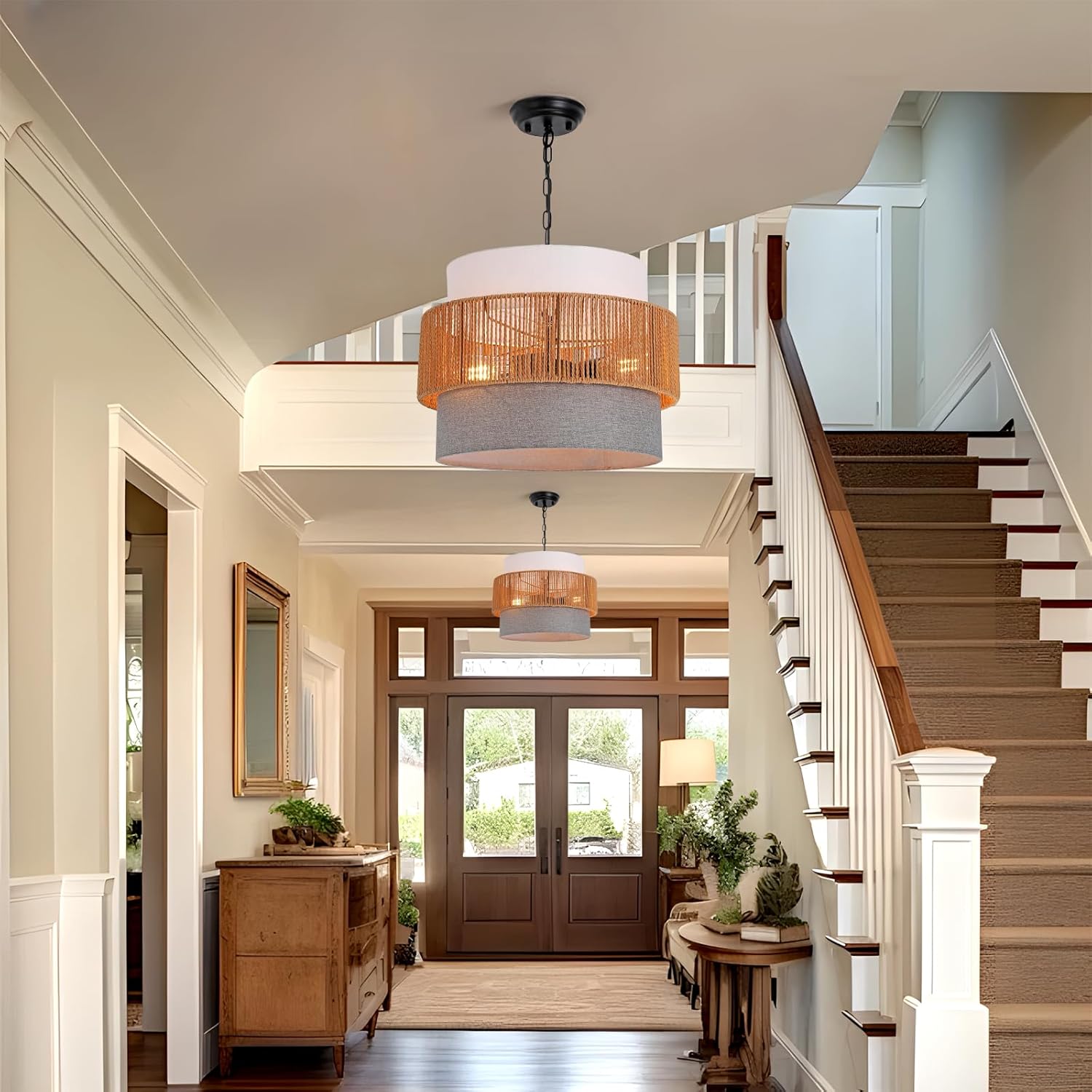 16.5"Rattan Chandelier for Dining Room, 3-Light Boho Pendant Light with 3-Tier Woven Design & 39-Inch Adjustable Chain, Coastal Lighting Fixture for Kitchen Island, Bedroom, Entryway(No bulb included)
