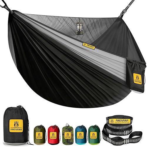 Camping Hammock with Mosquito Net, 500 lbs Portable Hammock with Tree Straps, 2-in-1 Double/Single Travel Hammock Tent for Outside/Indoor/Backpacking/Beach - Black & Grey