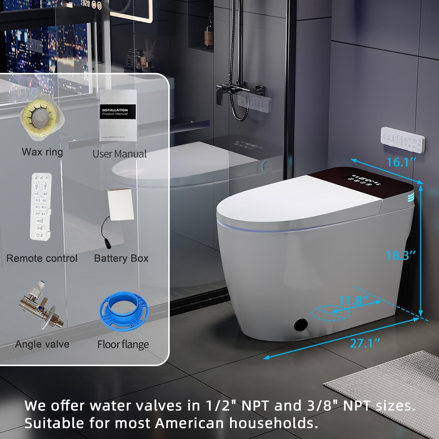 Luxury Smart Toilet with Bidet, Hands-Free with Auto Open/Close Lid & Self-Cleaning Bowl | Adaptive Warm Water Wash & Heated Seat, Built-in Aroma, One-Piece Elongated Design