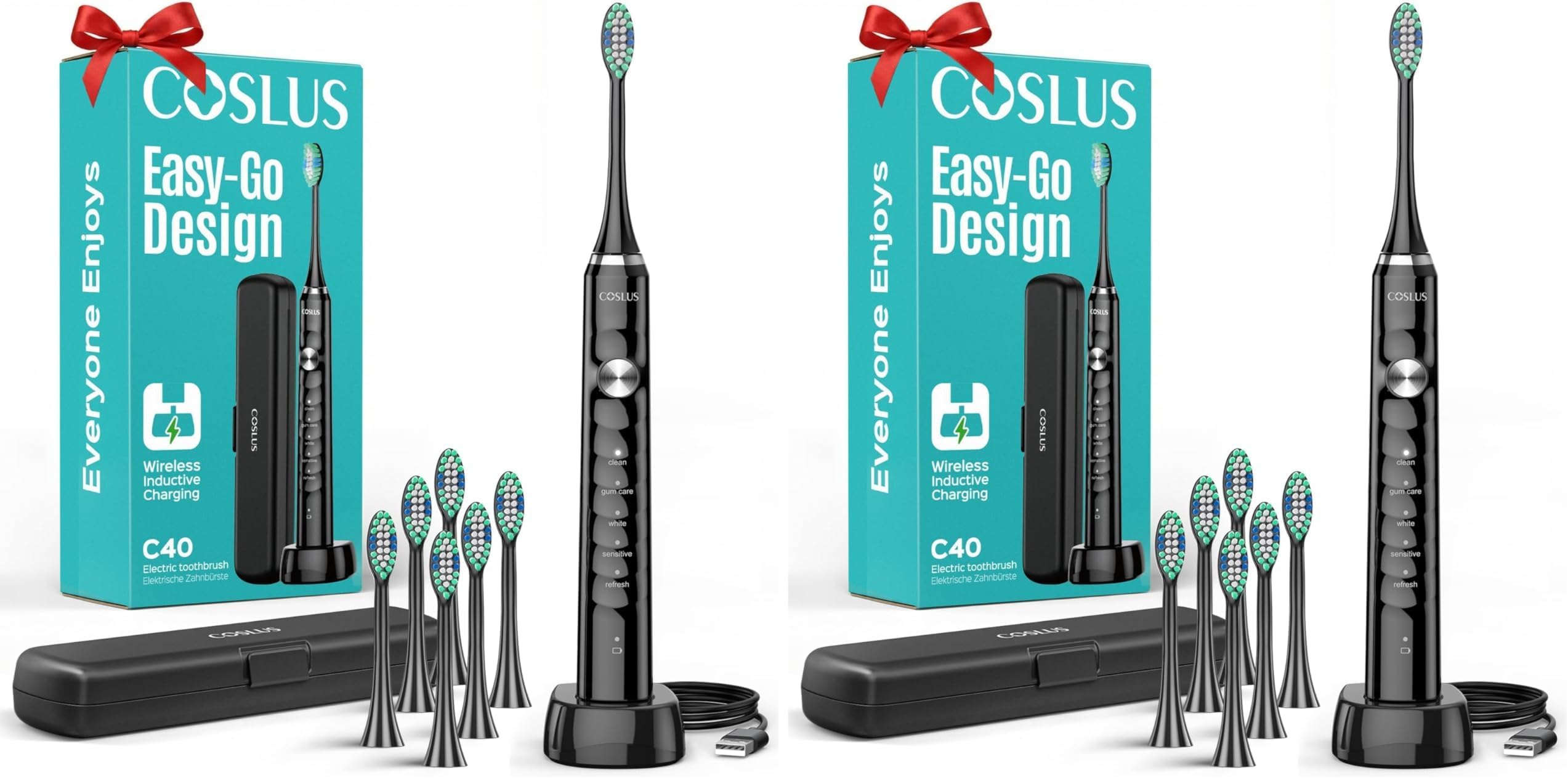 COSLUS Sonic Electric Toothbrush for Adults C40(DY-108Pro):47000 VPM for Deep Cleaning with Travel Case Modes for Sensitive Teeth &amp;Brace,Wireless Charging, 6 Brush Heads for Family, Black,(Pack of 2)