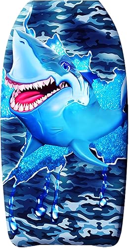 PMU Bodyboard estampado de tiburón de 33 pulgadas, correa de muñeca ligera, parte inferior lisa para playa, mar y piscina, tabla de surf para niños,